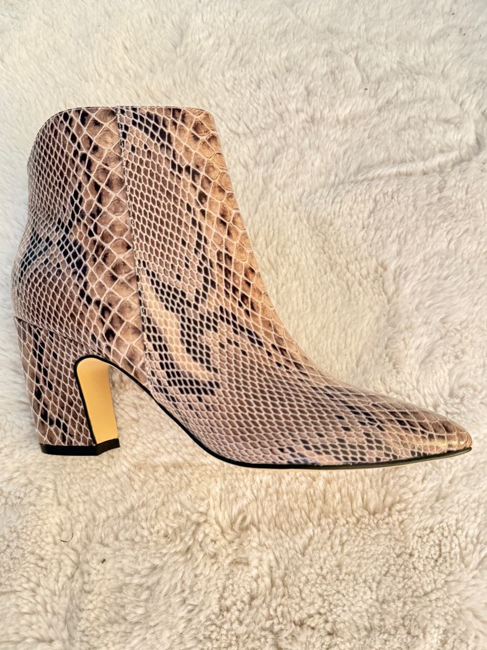 Snake-Print Ankle Bootie in Beige - Women's Fashion Heel Size 7